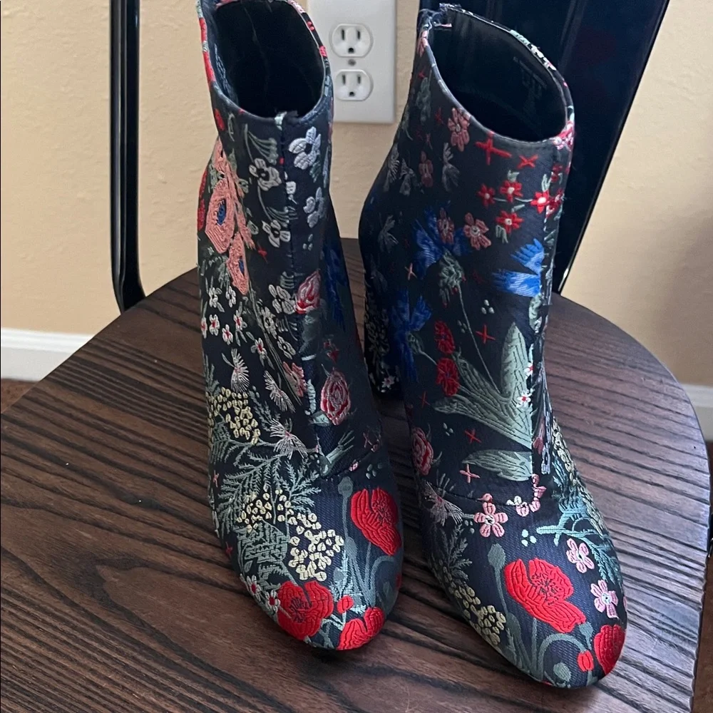 Attention Navy Floral Embroidered Ankle Boots - Picture 2 of 9